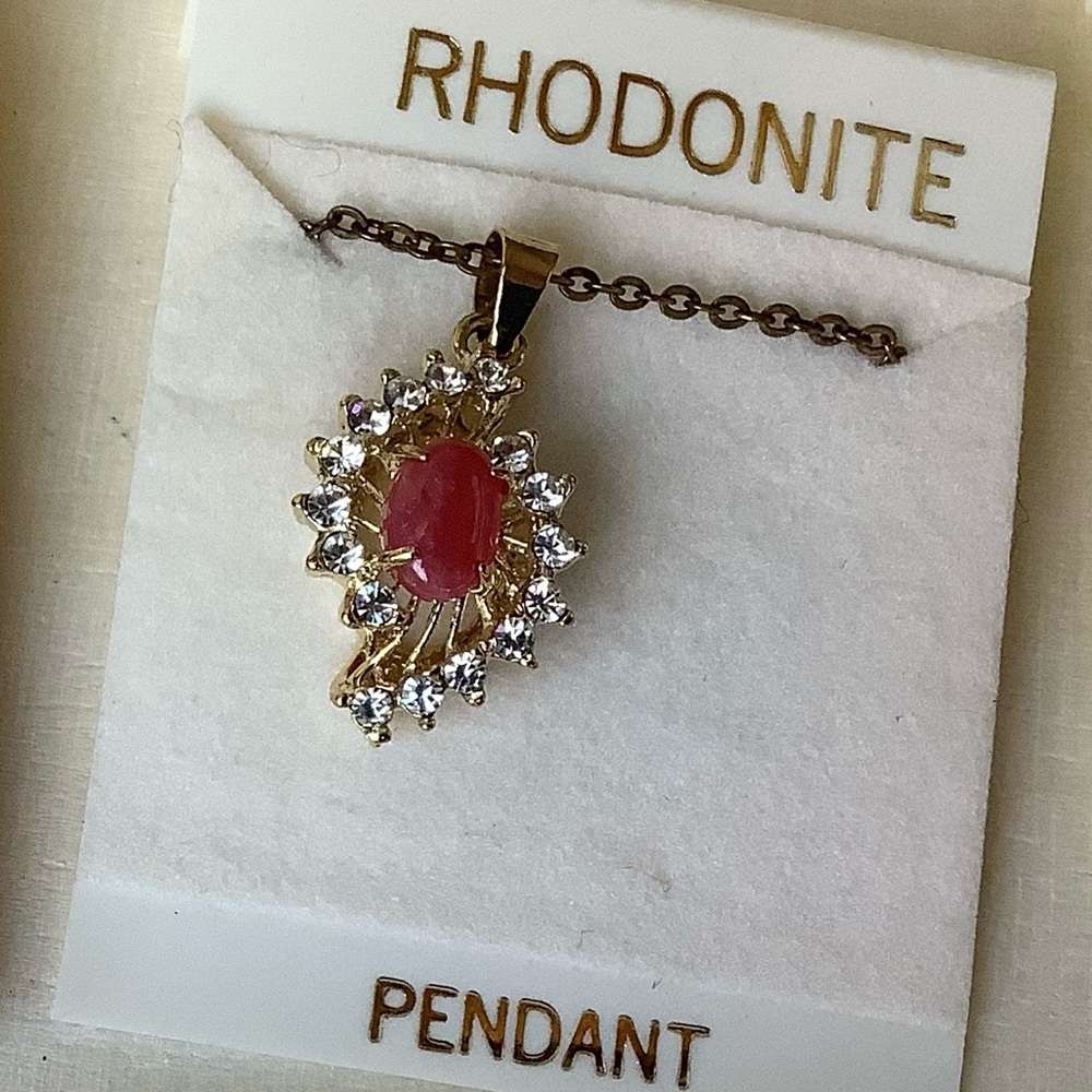 TLC New pink Rhodonite split halo pendant necklace